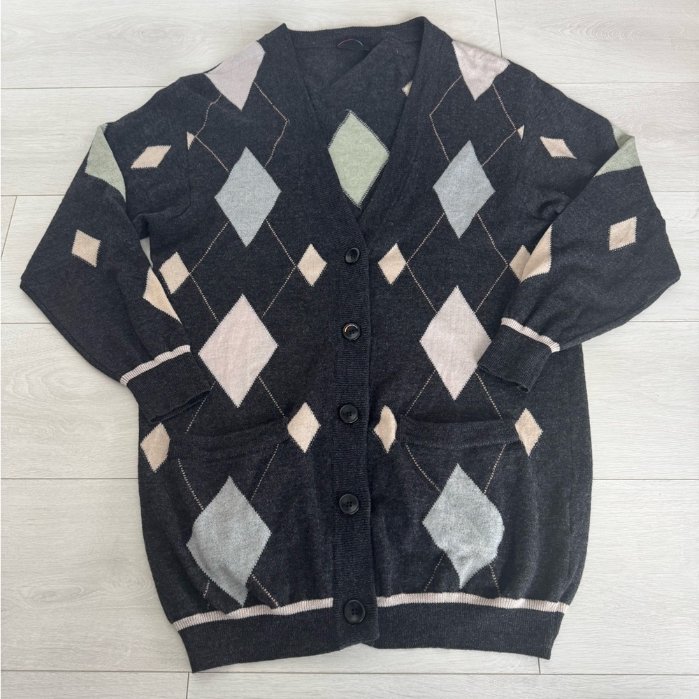 Bogner 100% Wool Knit Argyle Geometric Long Sweater Cardigan Size 10